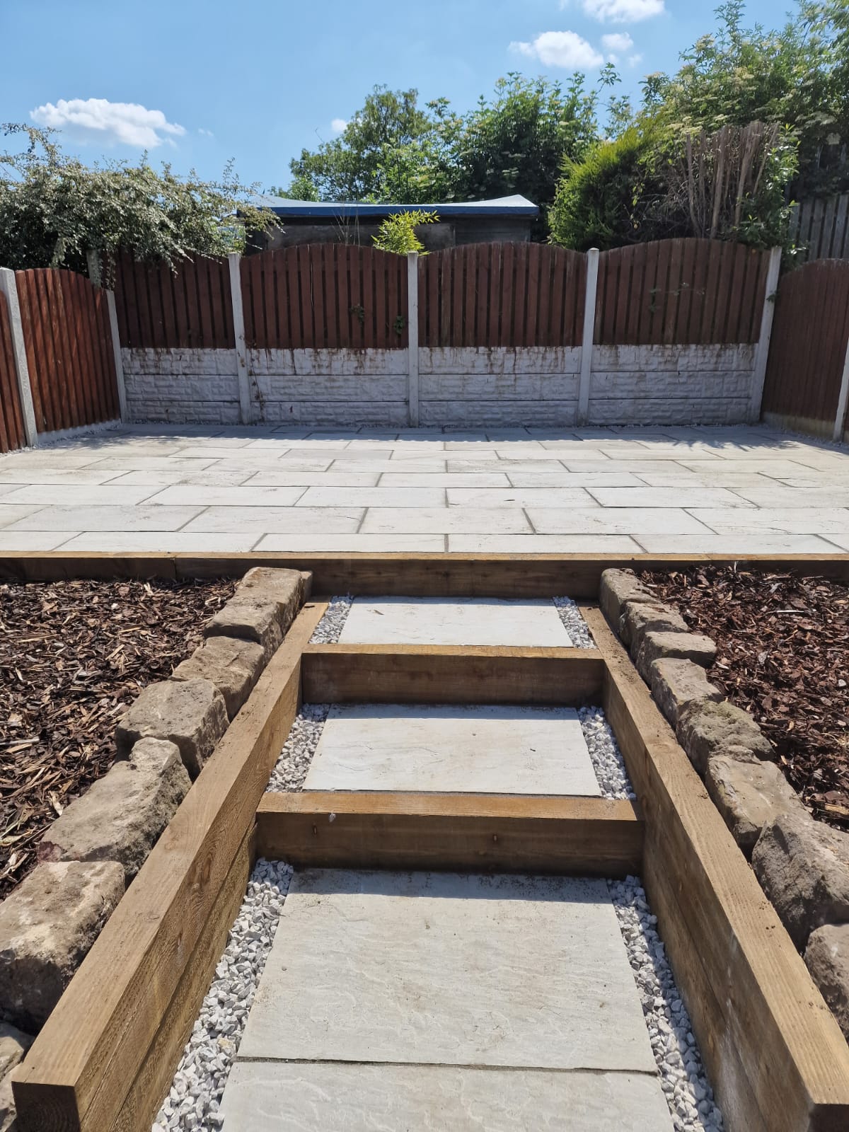 Indian sandstone patio with railway-sleeper retaining steps and bark-mulched borders in a Yorkshire garden